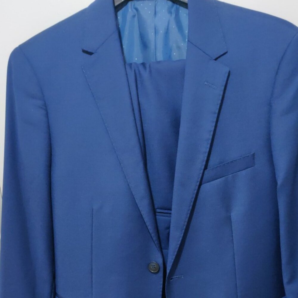 London Fog 38S 32 100% wool Savvy slim fit suit royal blue tailored pick stitch